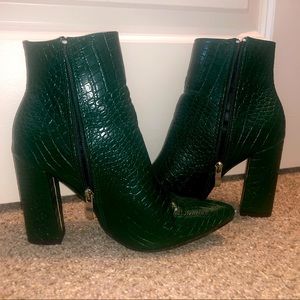 Emerald green faux snake skin booties. Pointed toe. Worn twice